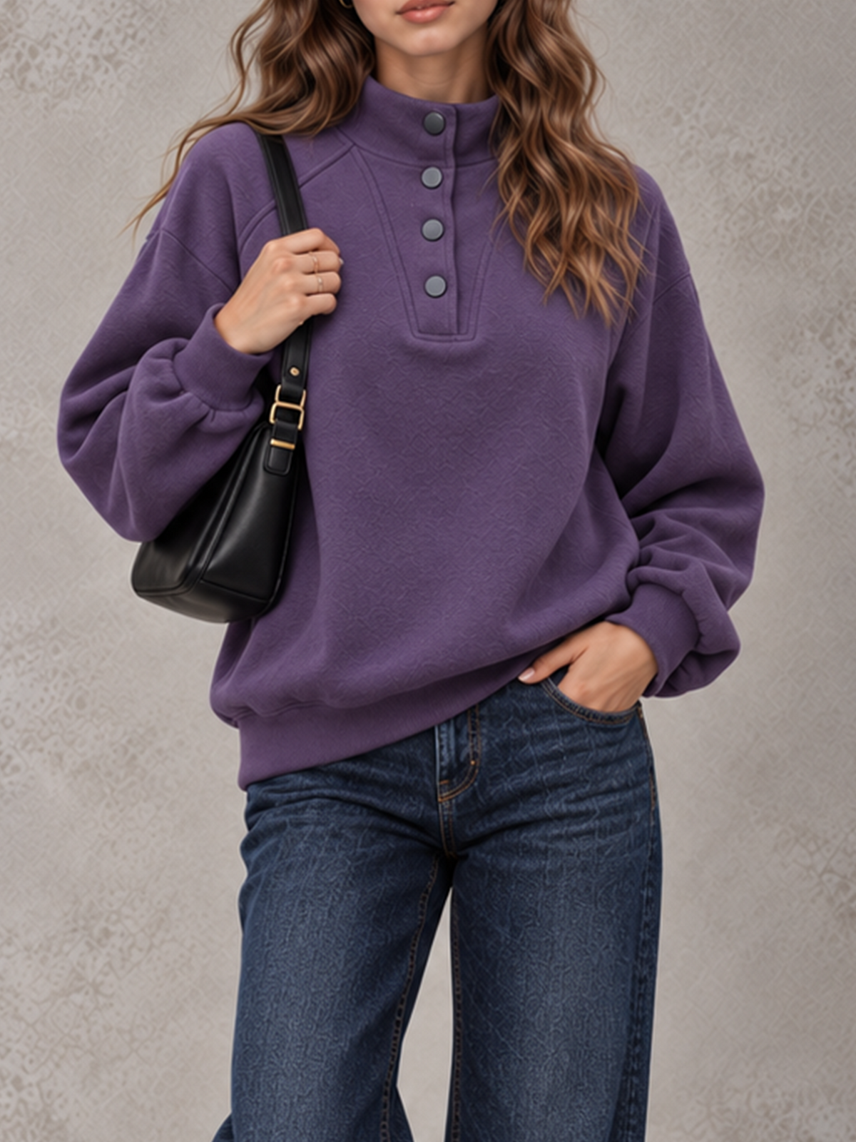 Women's Autumn/Winter Solid Color Stand Collar Button-Up Long Sleeve Sweatshirt