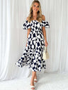 Off-the-shoulder Geometric Color-blocked Print Tulle Skirt With Puff Sleeves Long Dress