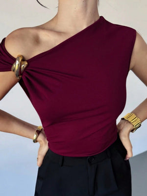 Asymmetrical Off-shoulder Slim-fit Sleeveless T-shirt With Metallic Embellishments