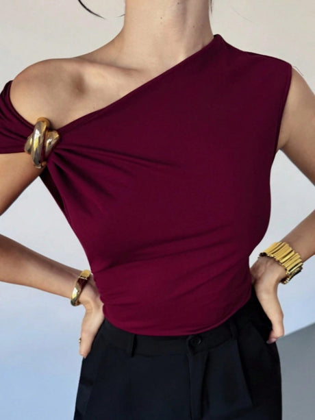 Asymmetrical Off-shoulder Slim-fit Sleeveless T-shirt With Metallic Embellishments