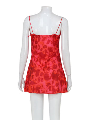 Printed Waist-cinching V-neck Camisole Mini&Short Dresses