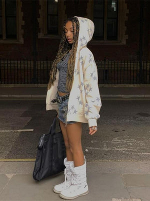 Old Star Print Zippered Loose Hooded Sweatshirt