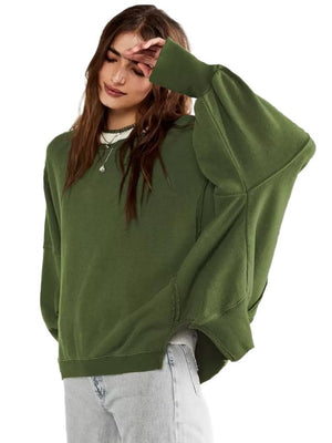 Women's Autumn/Winter Solid Color Frayed Edge Long Sleeve Side-Slit Sweatshirt