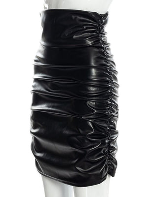 Pleated Solid Color PU Hip Wrap Skirts