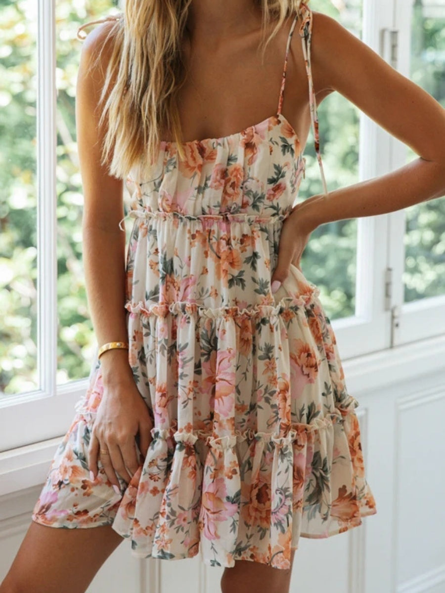 Resort-style Floral Print Multi-layered Ruffled Short Sundress