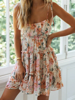 Resort-style Floral Print Multi-layered Ruffled Short Sundress