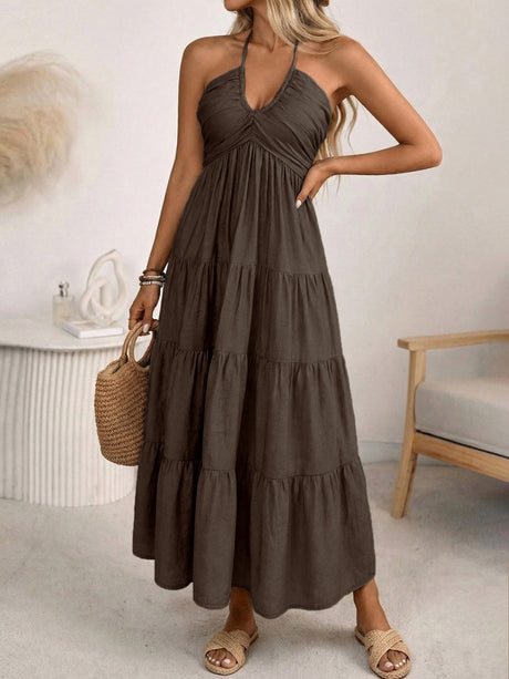 Halter V-neck Drawstring Loose-fit Vacation Maxi Dresses