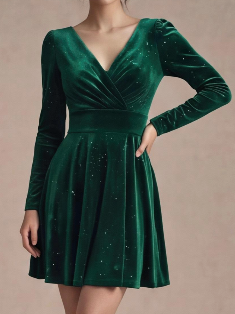 V-neck Solid Color Mini&Short Dresses