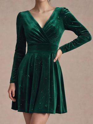 V-neck Solid Color Mini&Short Dresses