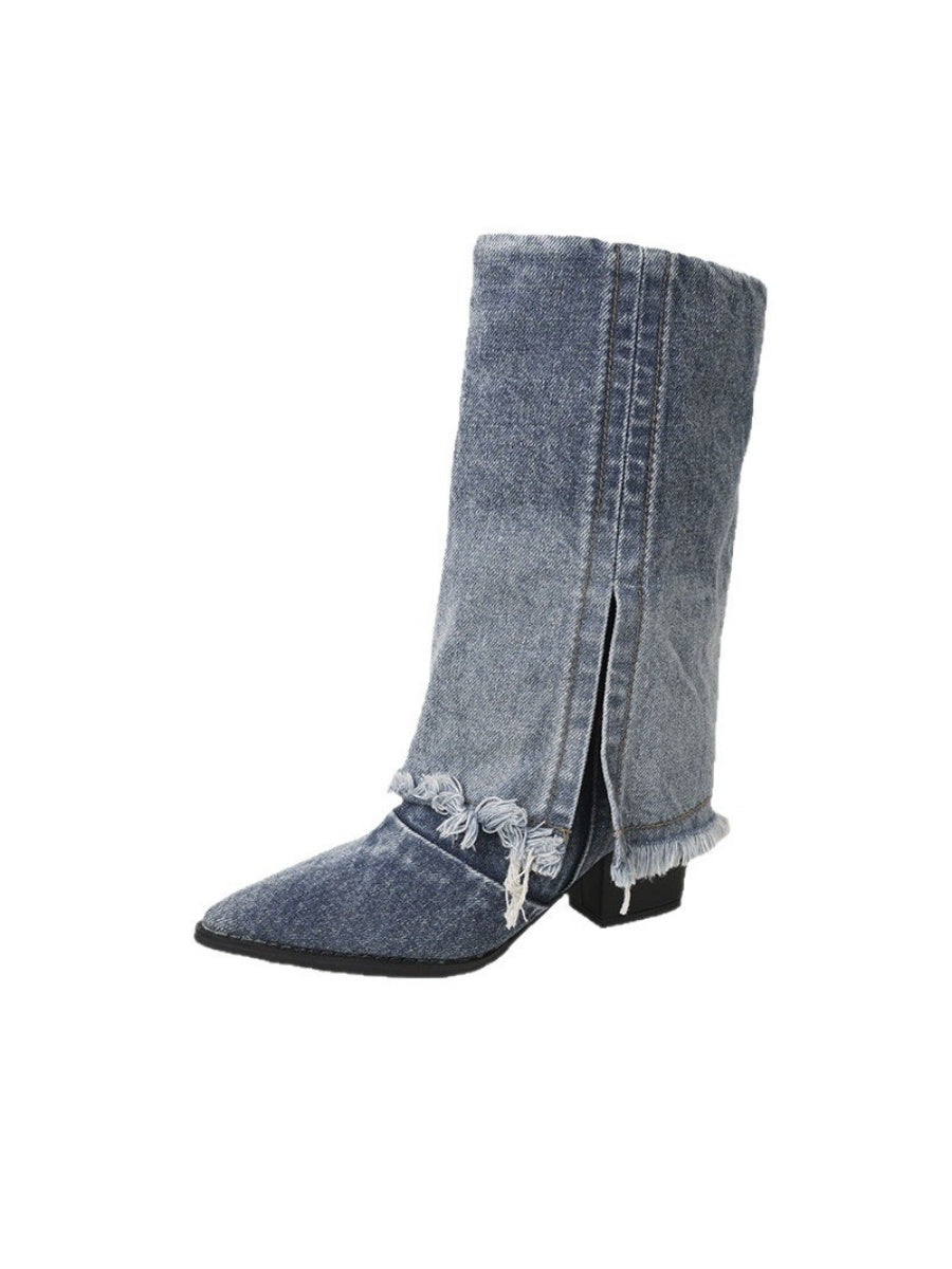 Blue Pointed-toe Denim Boots For Women