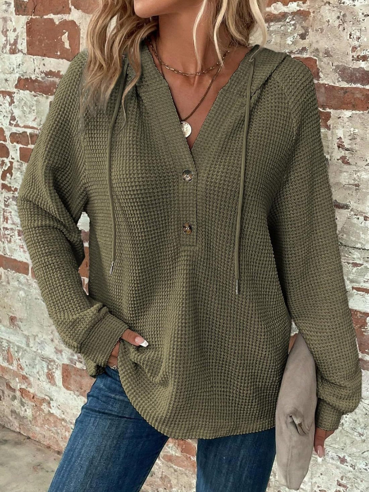 Waffle Drawstring Buttons V-neck Long Sleeve Hoodie