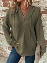 Waffle Drawstring Buttons V-neck Long Sleeve Hoodie