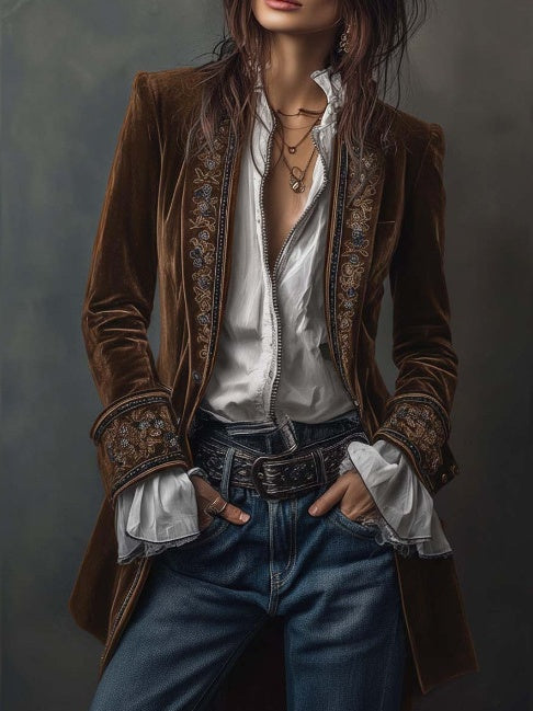 Long Sleeve Solid Color Patchwork Lace Velvet Blazers