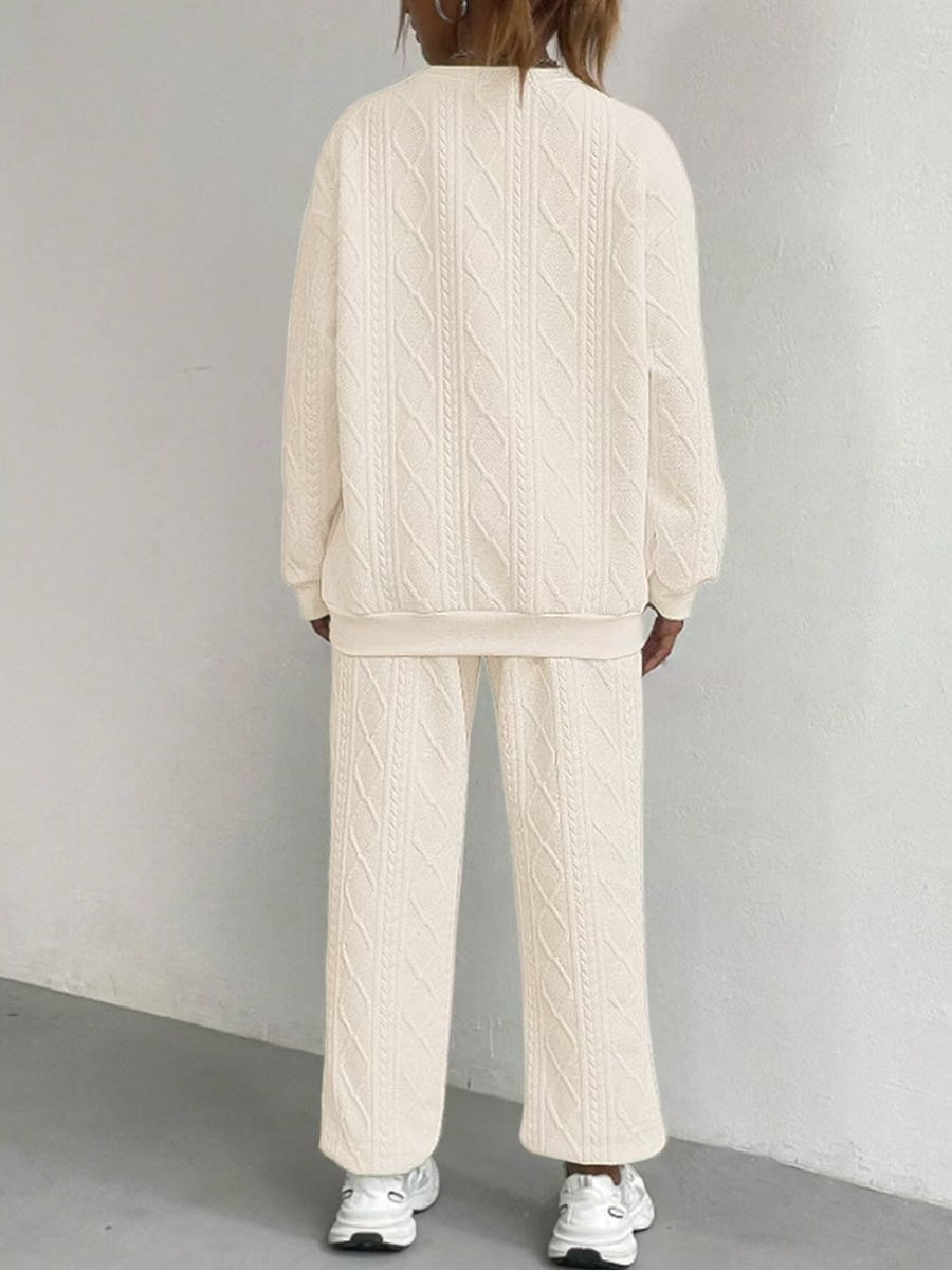 Loose-fitting Ribbed Jacquard Long-sleeved Sweatshirt Pants Casual Two-piece Set