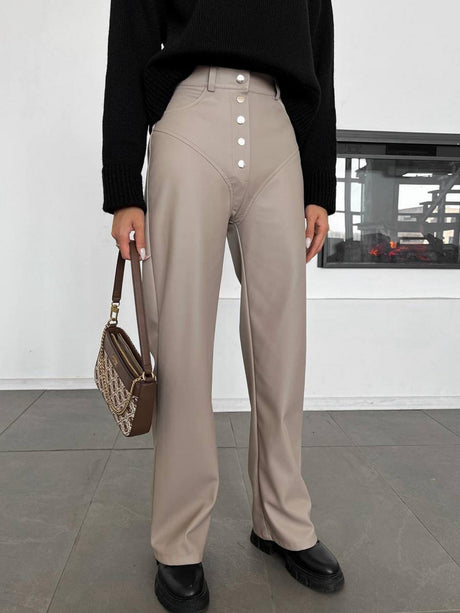 PU Leather Buttons High-waisted Straight-leg Pants Pants