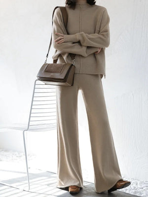 Slit Turtleneck Loose Sweaters Wide-leg Pants 2-piece Sets