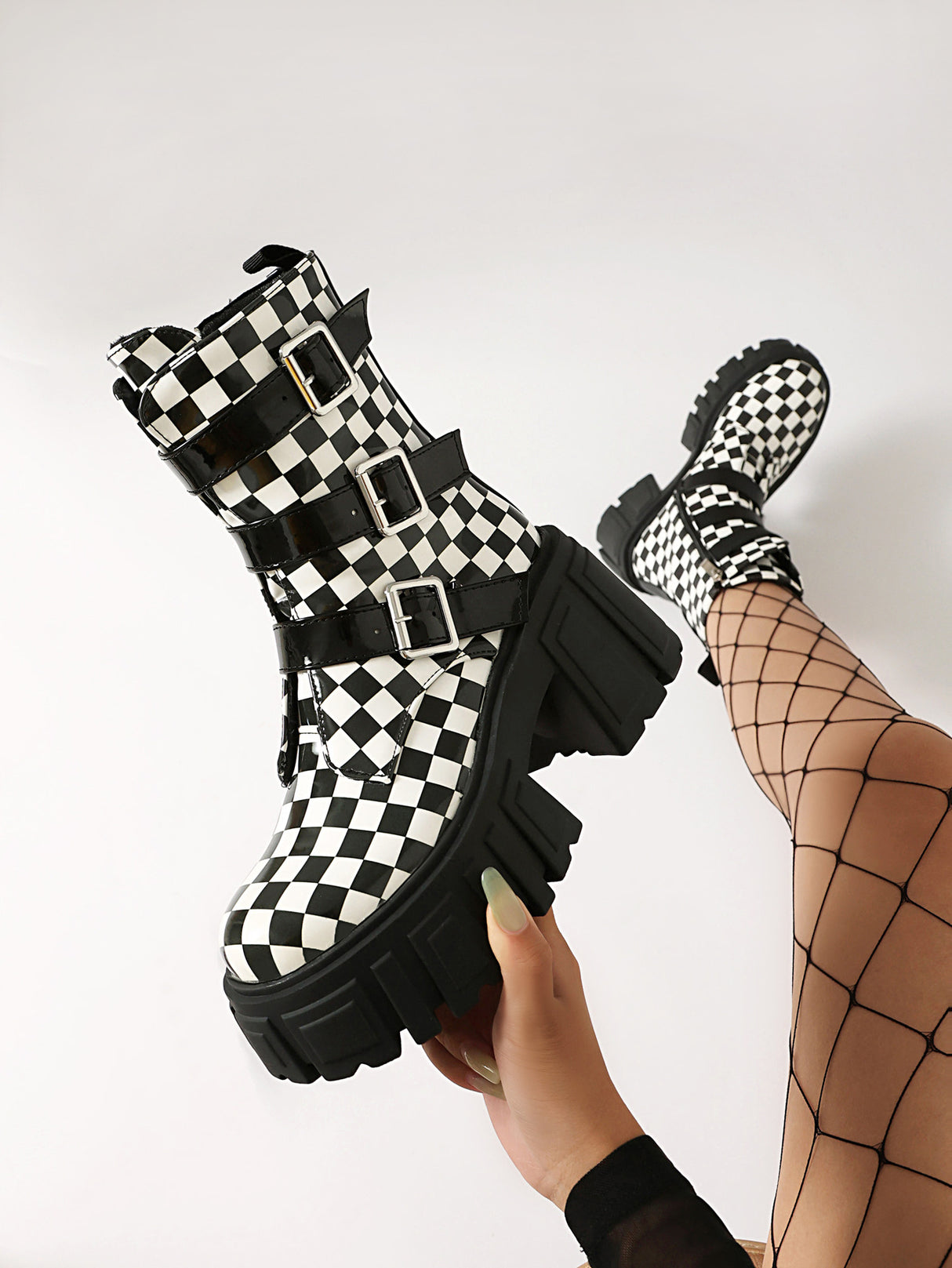 Plaid Denim Biker Punk Ankle Boots