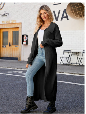 Liber Autumn Women's Plain stitch Lapel Long Cardigans Coat