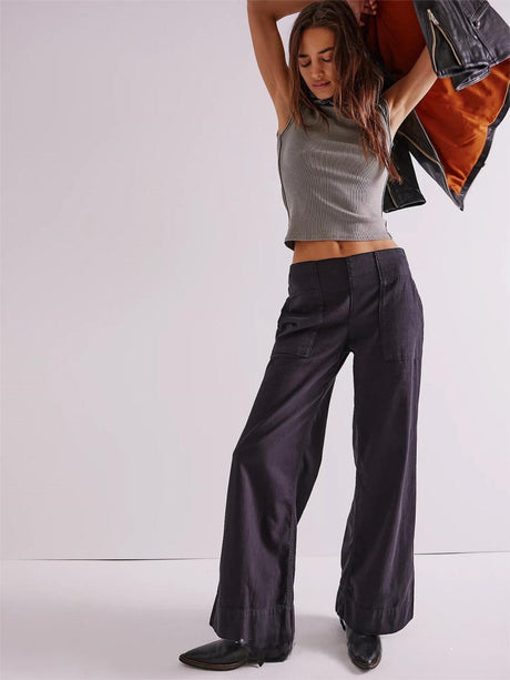 Straight-leg Pants With Contrasting Stitching Big Pocket Elastic Waistband Daily Work Jeans