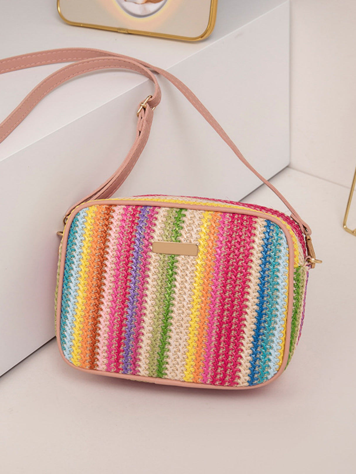 Colorful Straw Woven Oval Crossbody Bag For Vacation