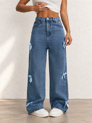 Women's Autumn/Winter High-Waisted Wide-Leg Jeans With Bow Decoration