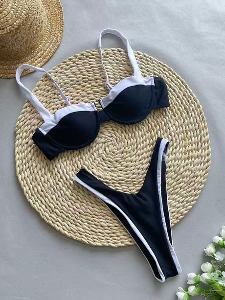 Black And White Color-blocked High-waisted Bikini