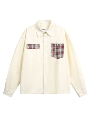 College Style Loose Plaid Splicing Vintage Long-sleeved Shirt