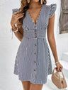 Striped Color Blocking Buttons V-neck Flutter Sleeves Mini&Short Dresses