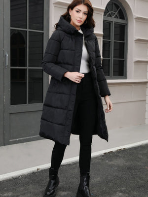 Black Hooded Thickening Slim-fit Long Down Jacket