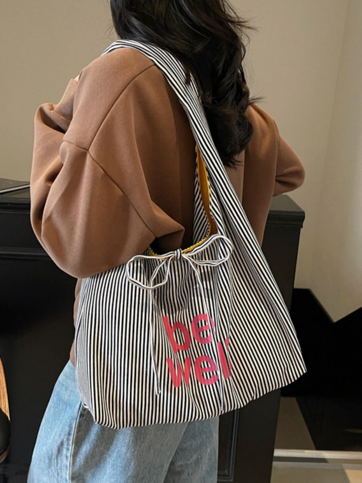 Sac bandoulière décontracté à rayures, grande capacité, avec imprimé lettres tendance et original