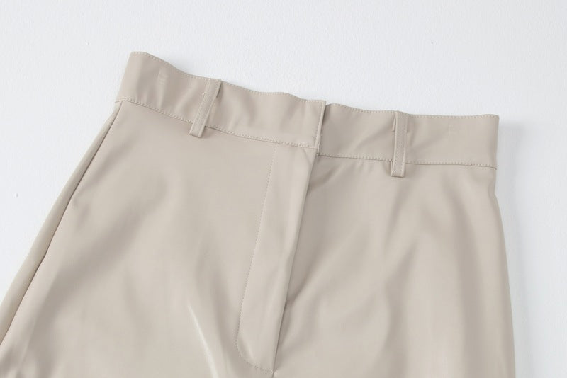 Slit Solid Color High Waist Simple Leather Slim Fit Midi Skirt