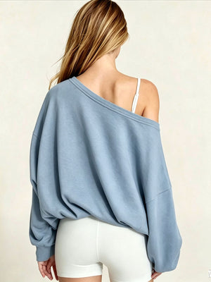 Women's Autumn/Winter Solid Color Off-Shoulder Long Sleeve Drawstring Hem Sweatshirt