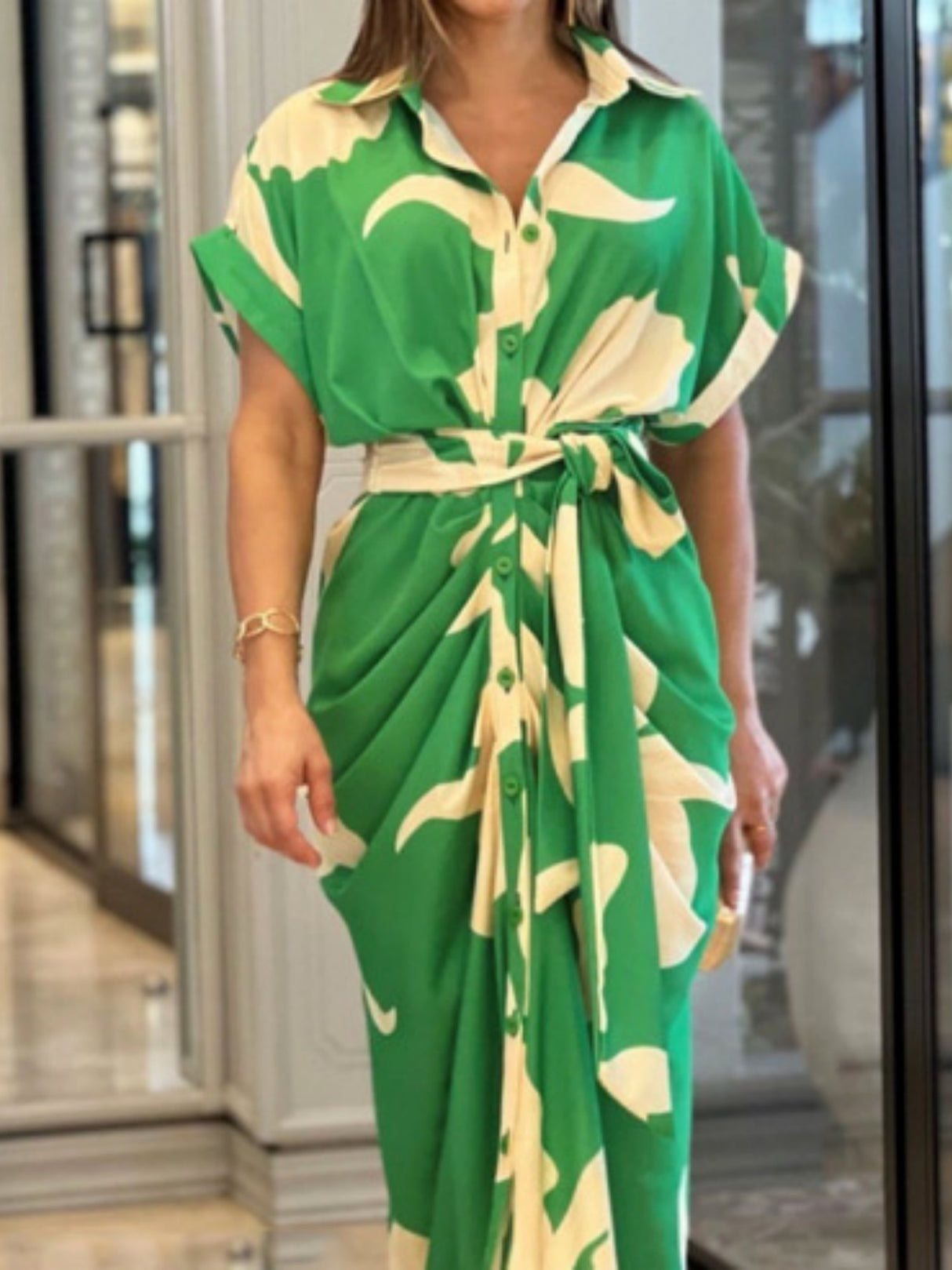 Lapel Shirt Dress Short-sleeved Single-breasted High-waisted Maxi Dresses