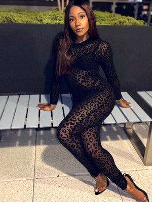 Leopard Print Flocked Sheer Slimming Effect Jumpsuits