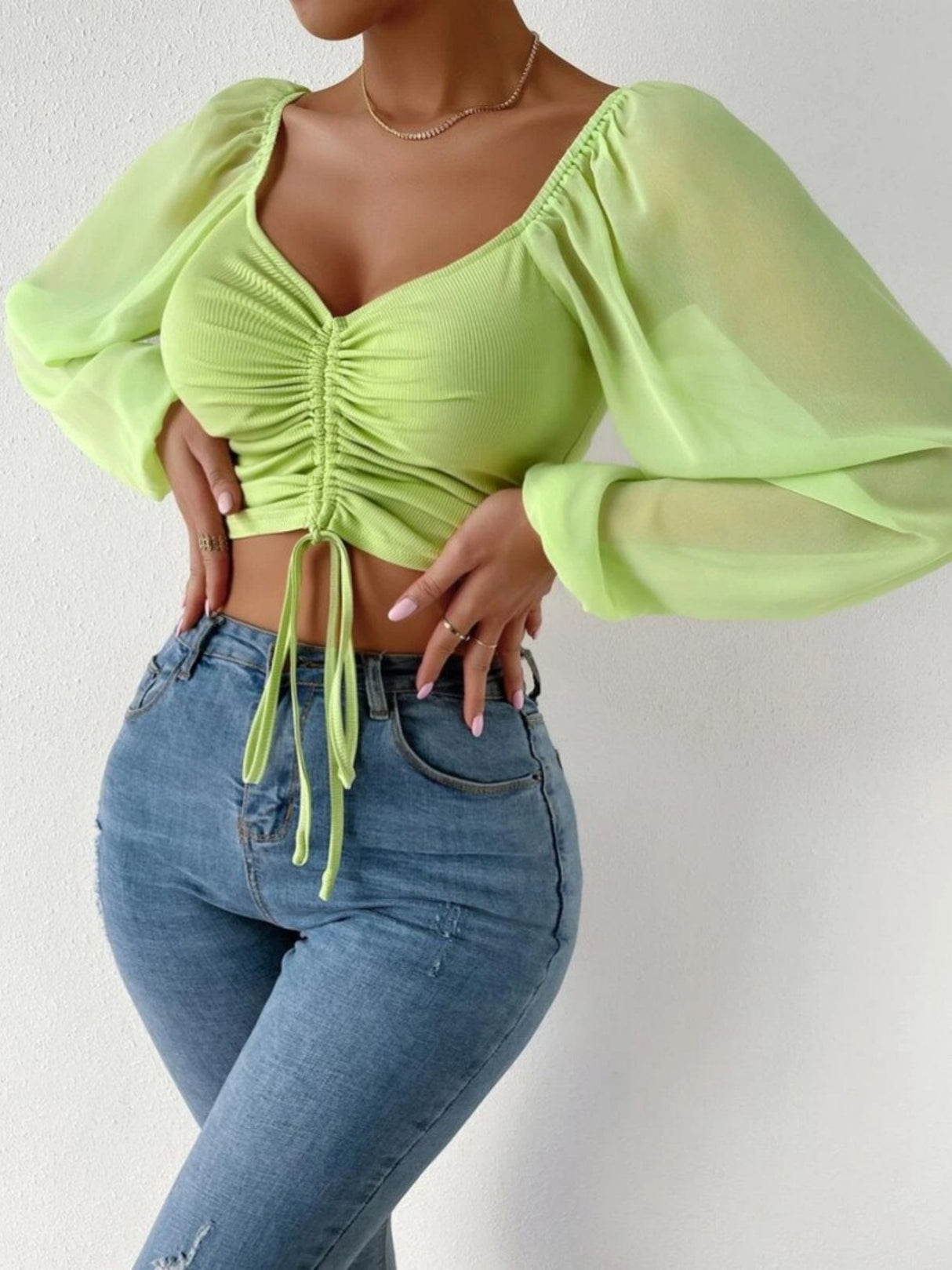V-neck Spliced Chiffon Drawstring Lantern Sleeves Sweet T-shirts