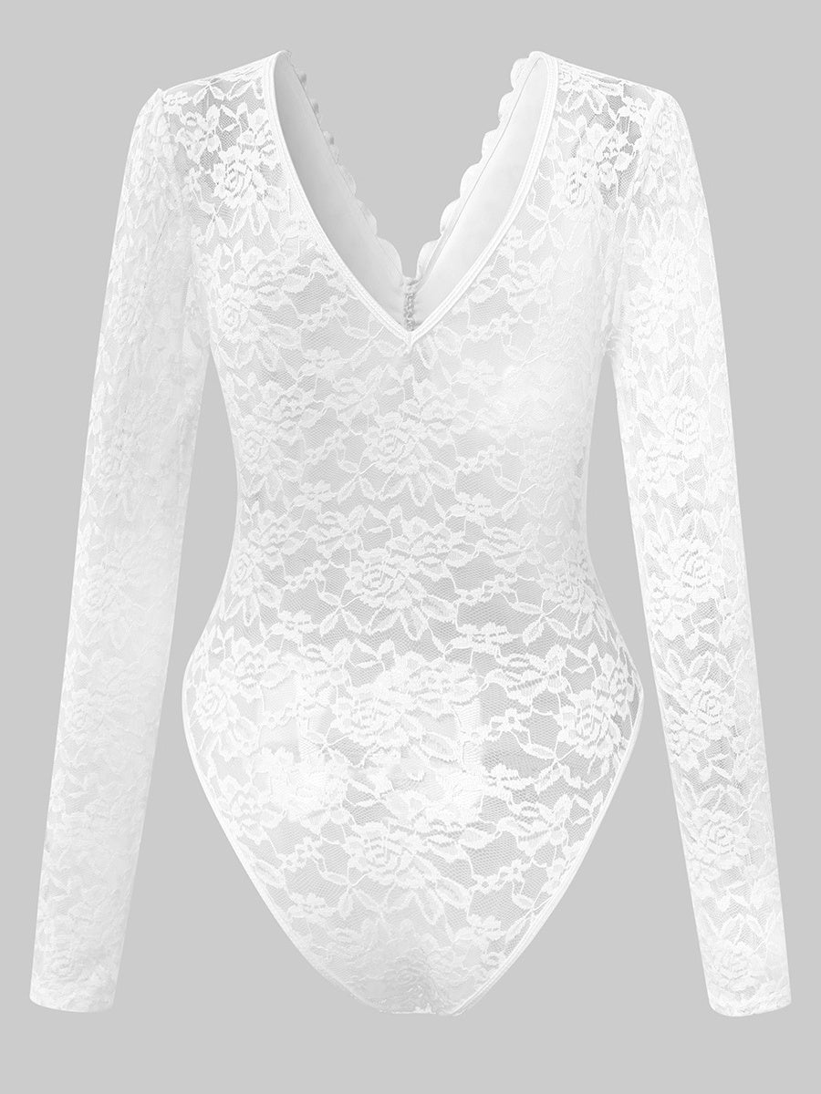 Lace Long Sleeve Perspective Slim Fit Bodysuit