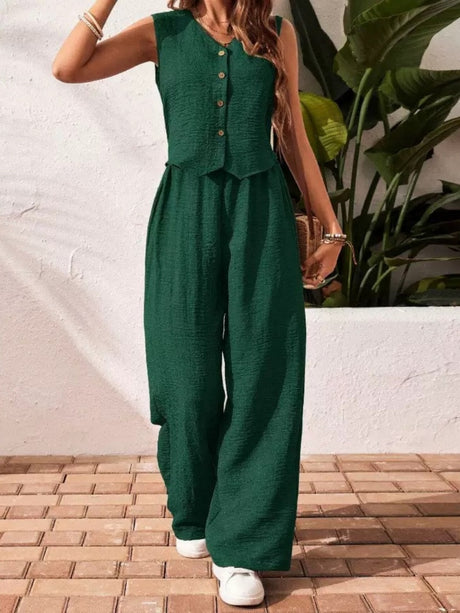 Pleated Solid Color Sleeveless Button Vest Wide-leg Pants 2-piece Sets