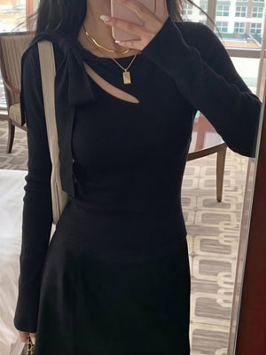 Wool Shoulder Strap Bow Openwork Asymmetrical Neck Long-sleeved Sweater