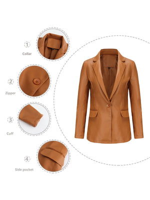 Single Button Pocket Solid Color Leather Jacket