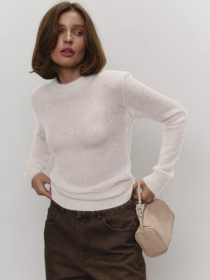Mohair Crew Neck Pullover Sweater, Semi-sheer Base Layer Sweater