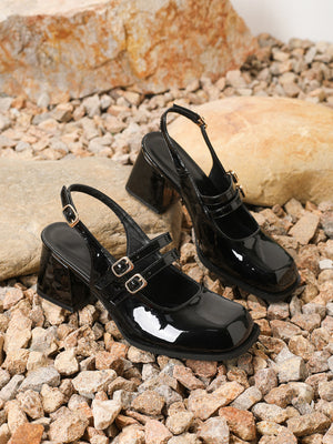 Large Square-toe Chunky Heel Mary Jane Shoes With Metal Buckle
