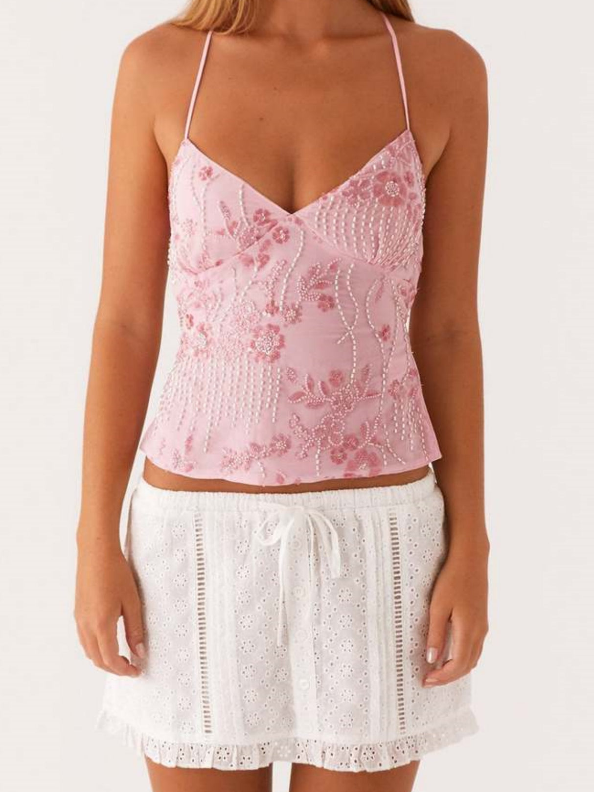 Embroidered Sequins Color Matching Strappy Backless Sweet Tank Tops&Camis