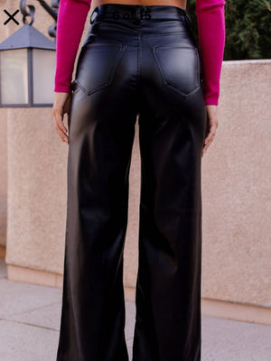 Leather Splicing High-waisted Wide-leg Pants Pants