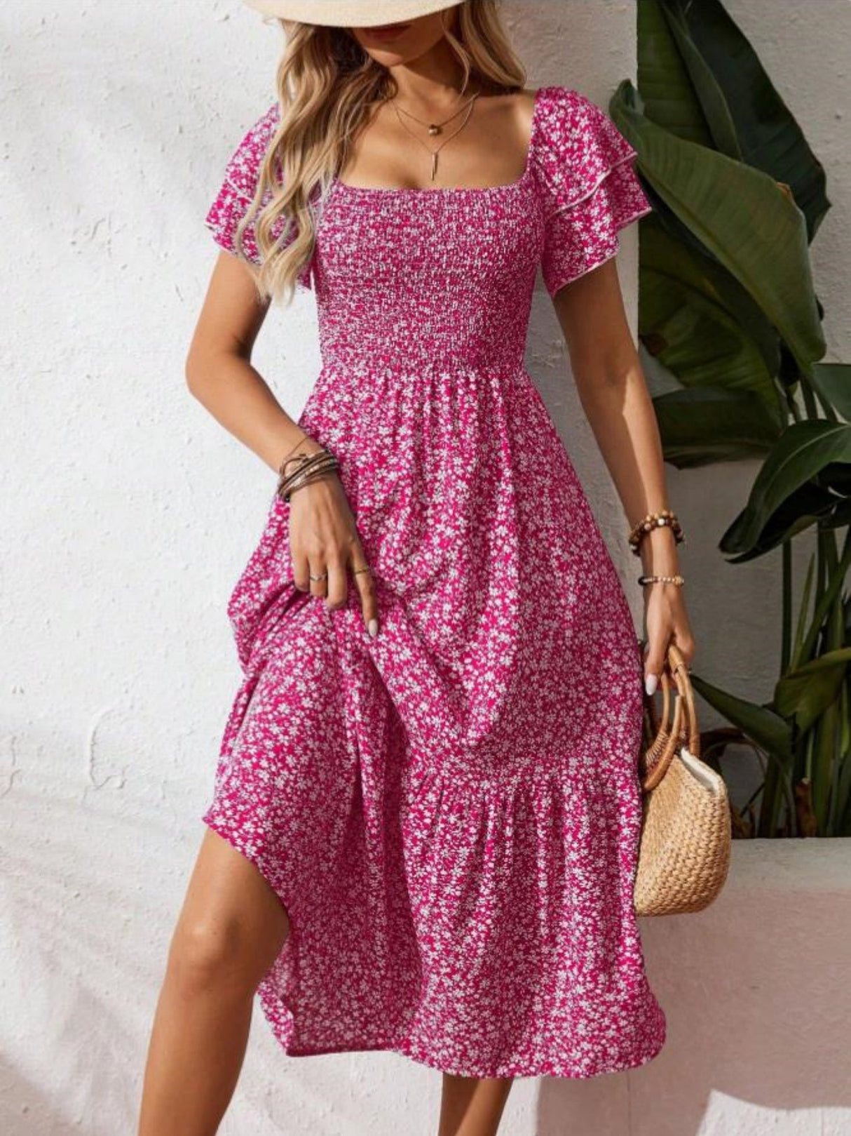 Floral Print Square Neckline And Puff Sleeves Maxi Dresses