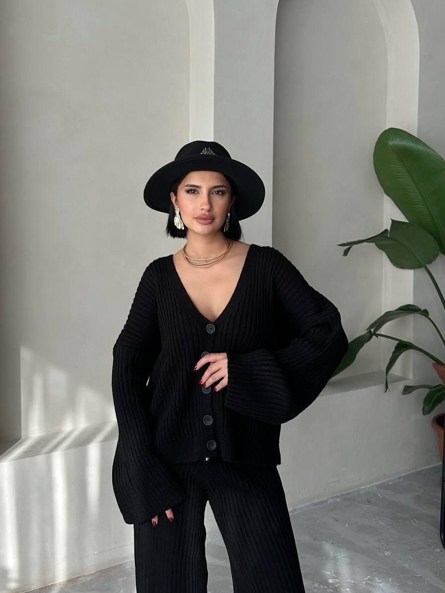 Leisure Solid Color Long Sleeve Buttons Sweaters Cardigans Pants Two-piece Suit