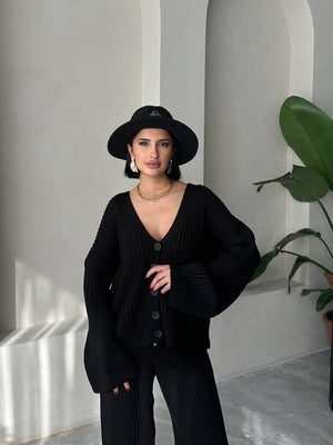 Leisure Solid Color Long Sleeve Buttons Sweaters Cardigans Pants Two-piece Suit