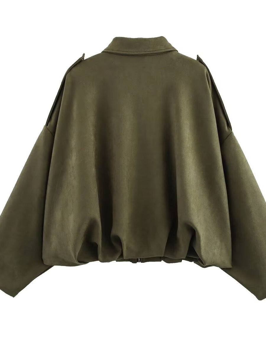 Batwing sleeve olive green Zip-up jacket