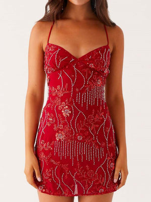 Sequin Beads Spaghetti Strap Backless Tie Sweet Mini&Short Dresses