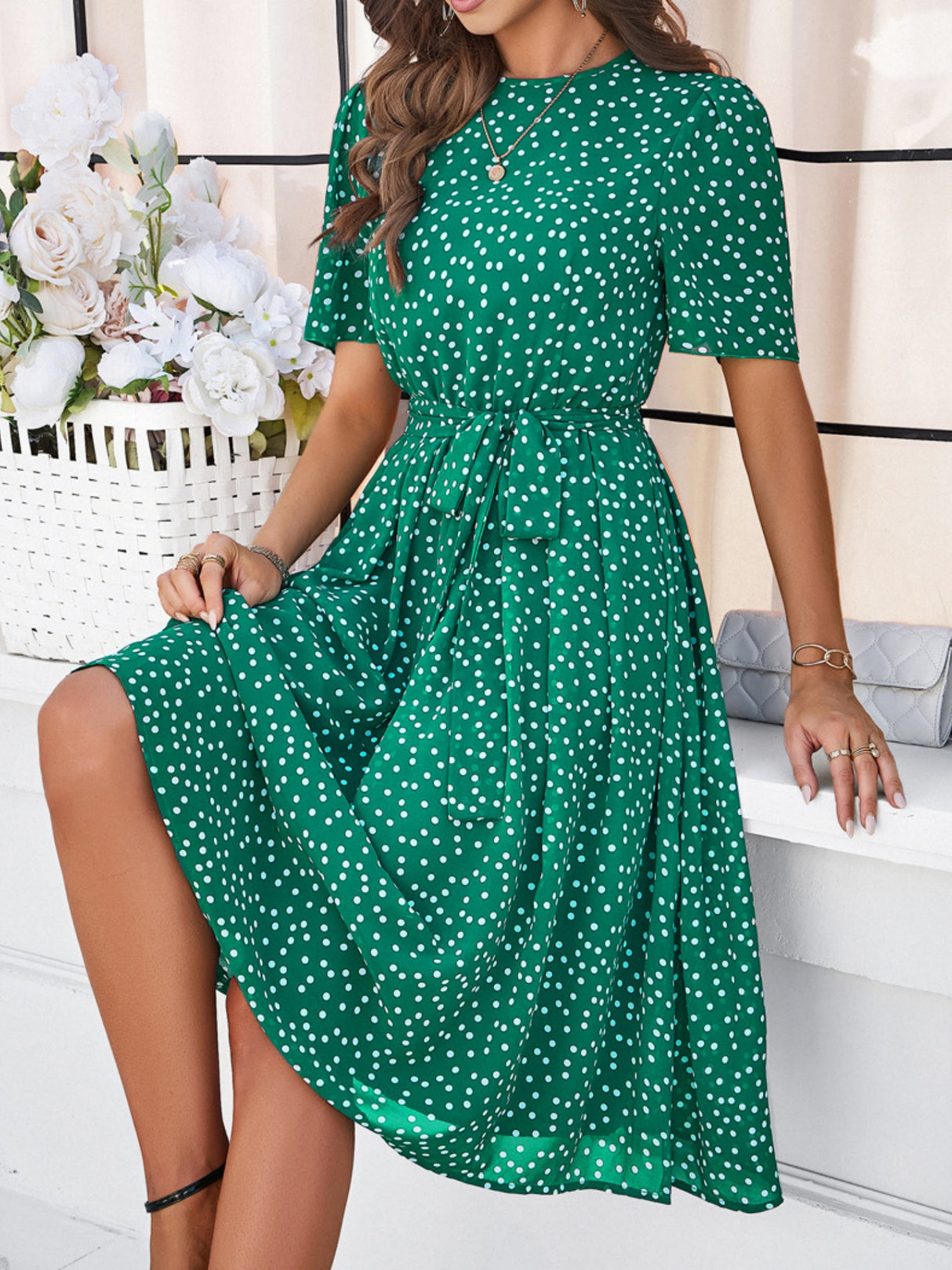 Polka Dots Crew Neck Waist Tie Short Sleeves Maxi Dresses