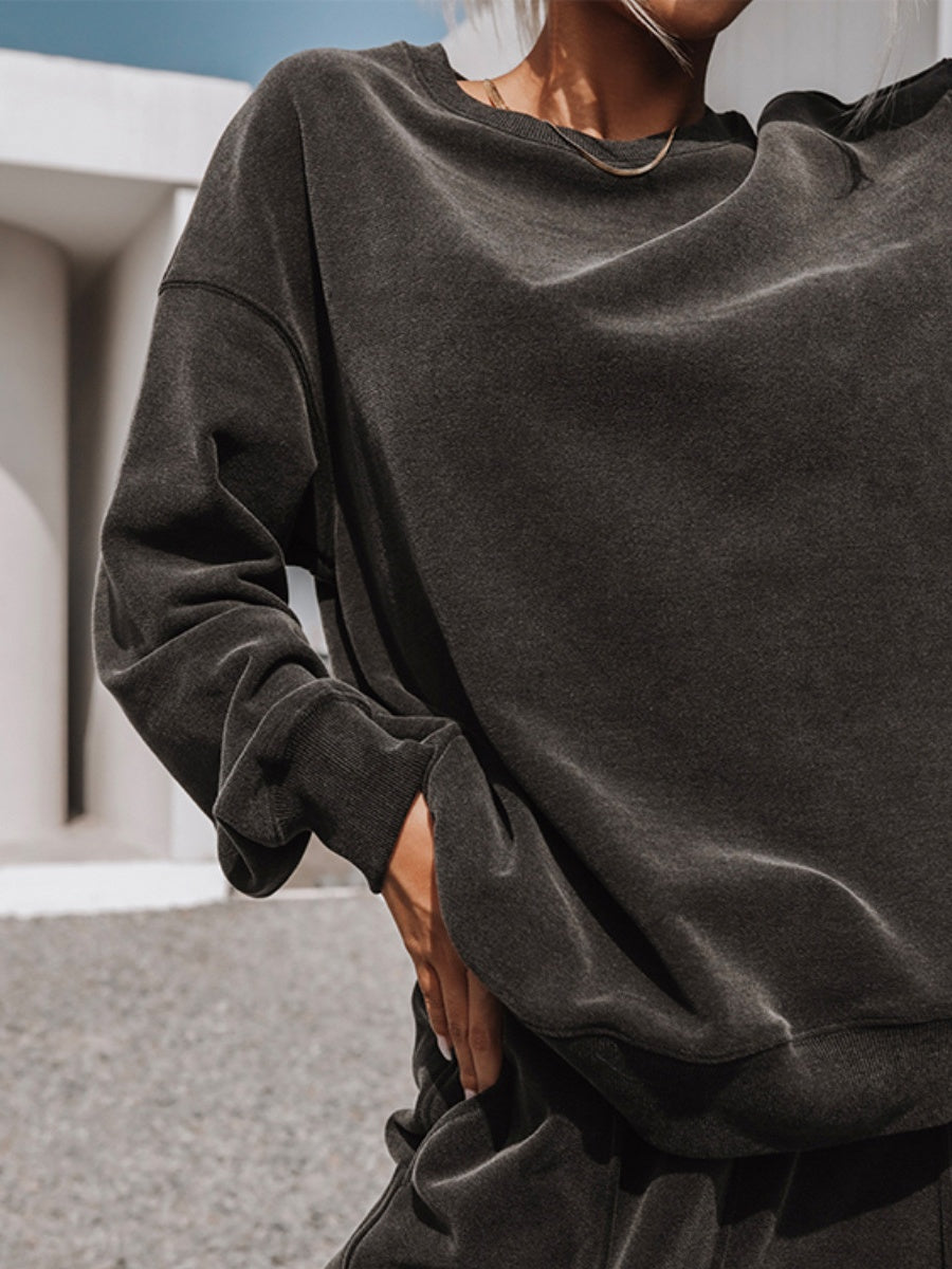 Liber Women's autumn round neck solid color pullover Long sleeve two piece sweatshirt